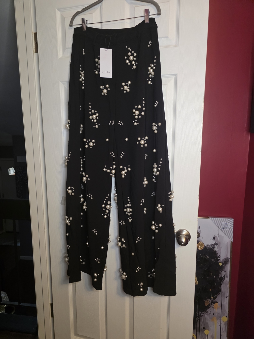 Akira Black Wide-Leg Pearl-Embellished Pants